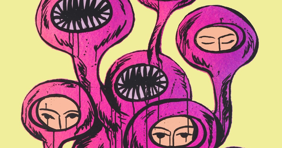 Pink masked creatures against yellow in Eko Nugroho artwork