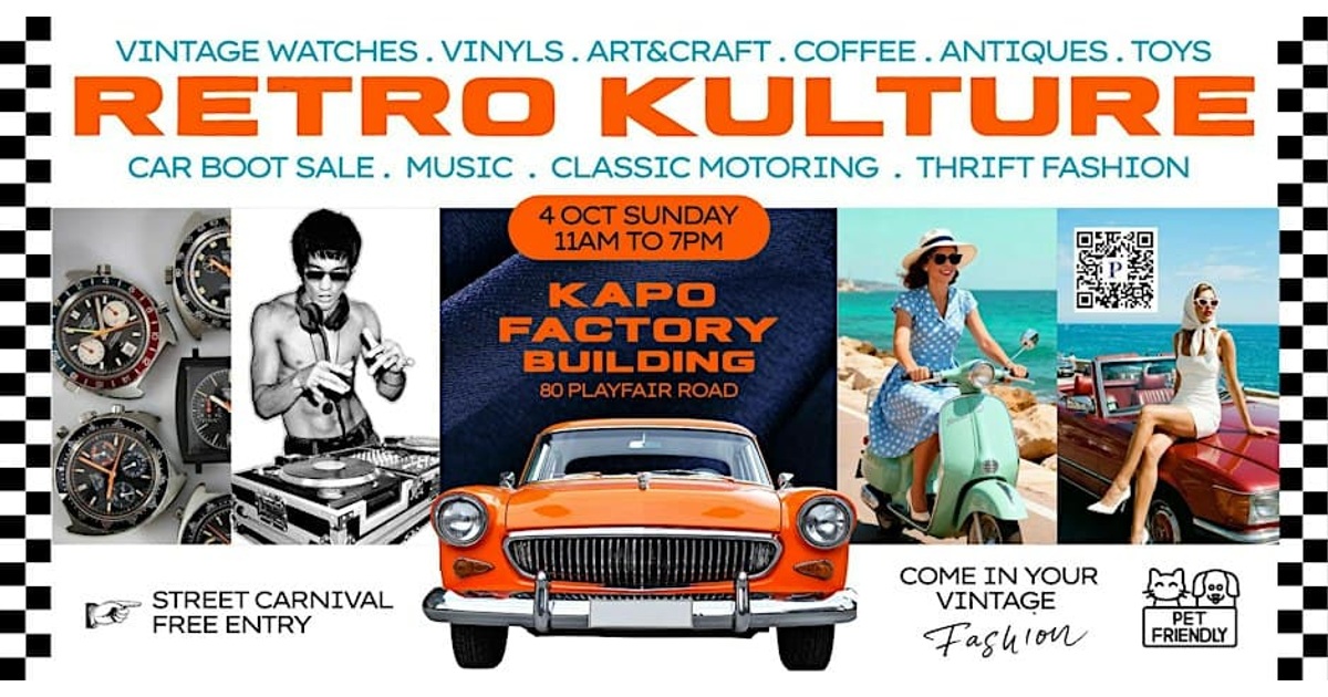 RetroKulture Sunday poster featuring vintage cars and collectibles